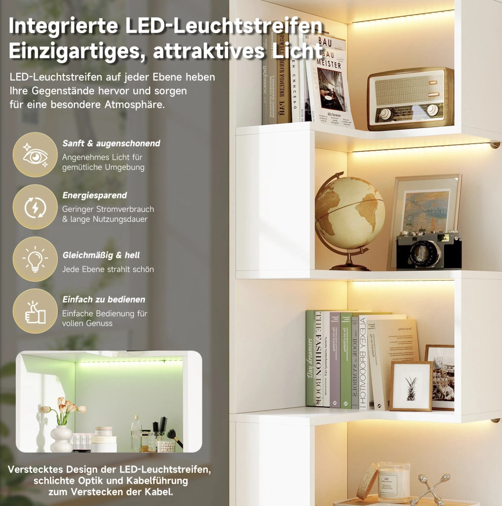 Scaffale angolare bianco 165 cm con LED e 2 cassetti
