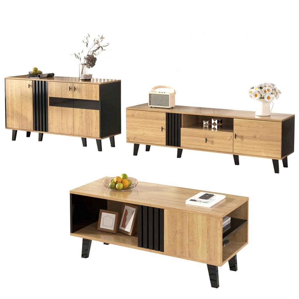 Set di Mobili da Soggiorno con 1 Tavolino; 1 Mobile TV e 1 Credenza con LED; per Soggiorno Moderno; Vetro e Pannelli di Particelle; Nero e Legno