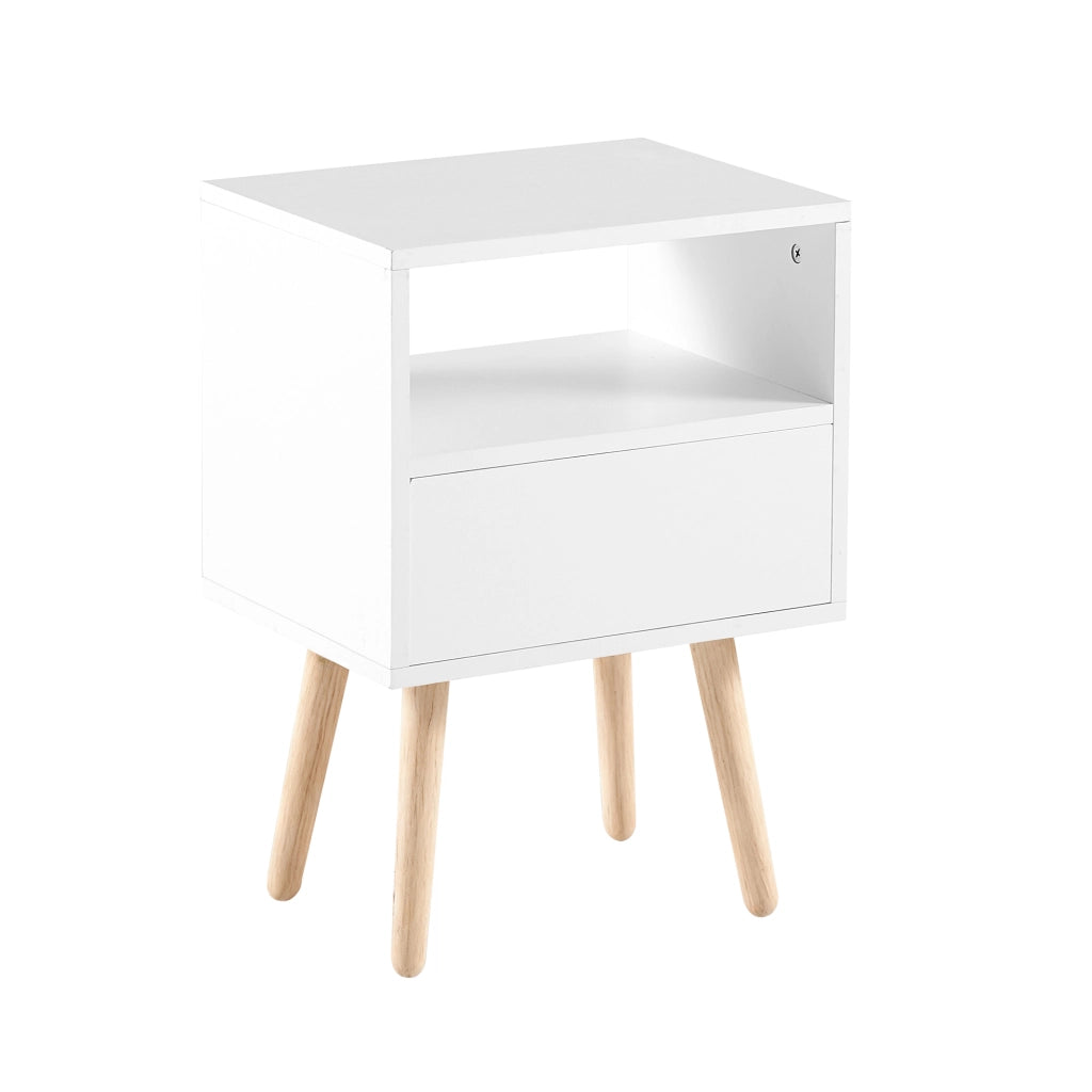 Comodino con 1 cassetto e gambe in legno massiccio, frontale in rattan, per camera da letto, bianco, 40 × 30 × 55 cm