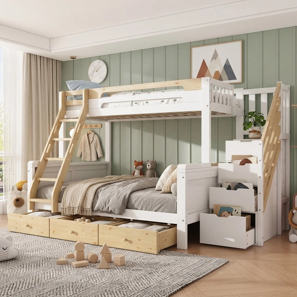 letto a castello in legno massello e mdf bianco e naturale 140 x 200 cm