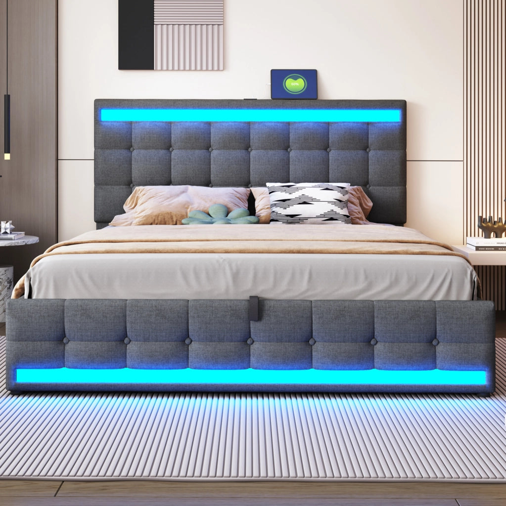 Letto imbottito 180x200 cm grigio con LED RGB, USB e testiera regolabile