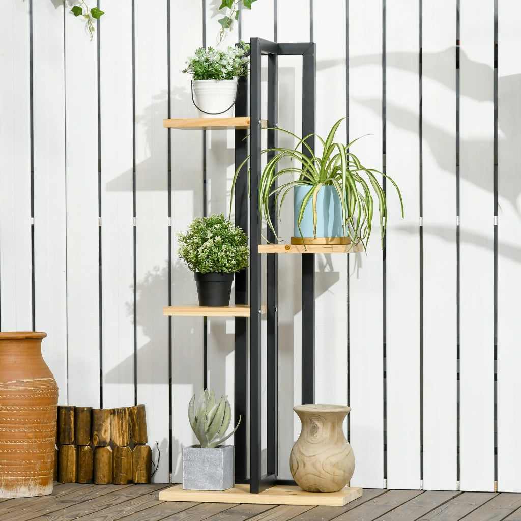 Portapiante 4 Ripiani ¨C zephmum ¨C Legno Abete e Metallo, 45x25x110 cm, Nero