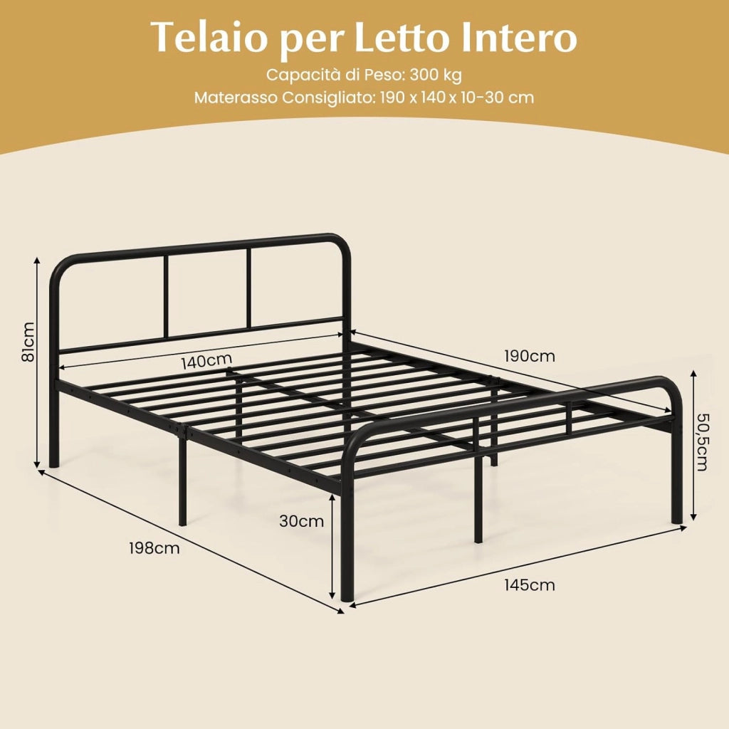 Struttura per Letto Matrimoniale, Letto Piattaforma in Metallo Moderno con Testiera e Pediera, 12 Doghe Metalliche, Silenziosa, Carico 300 kg (Stile 2 190x140cm)