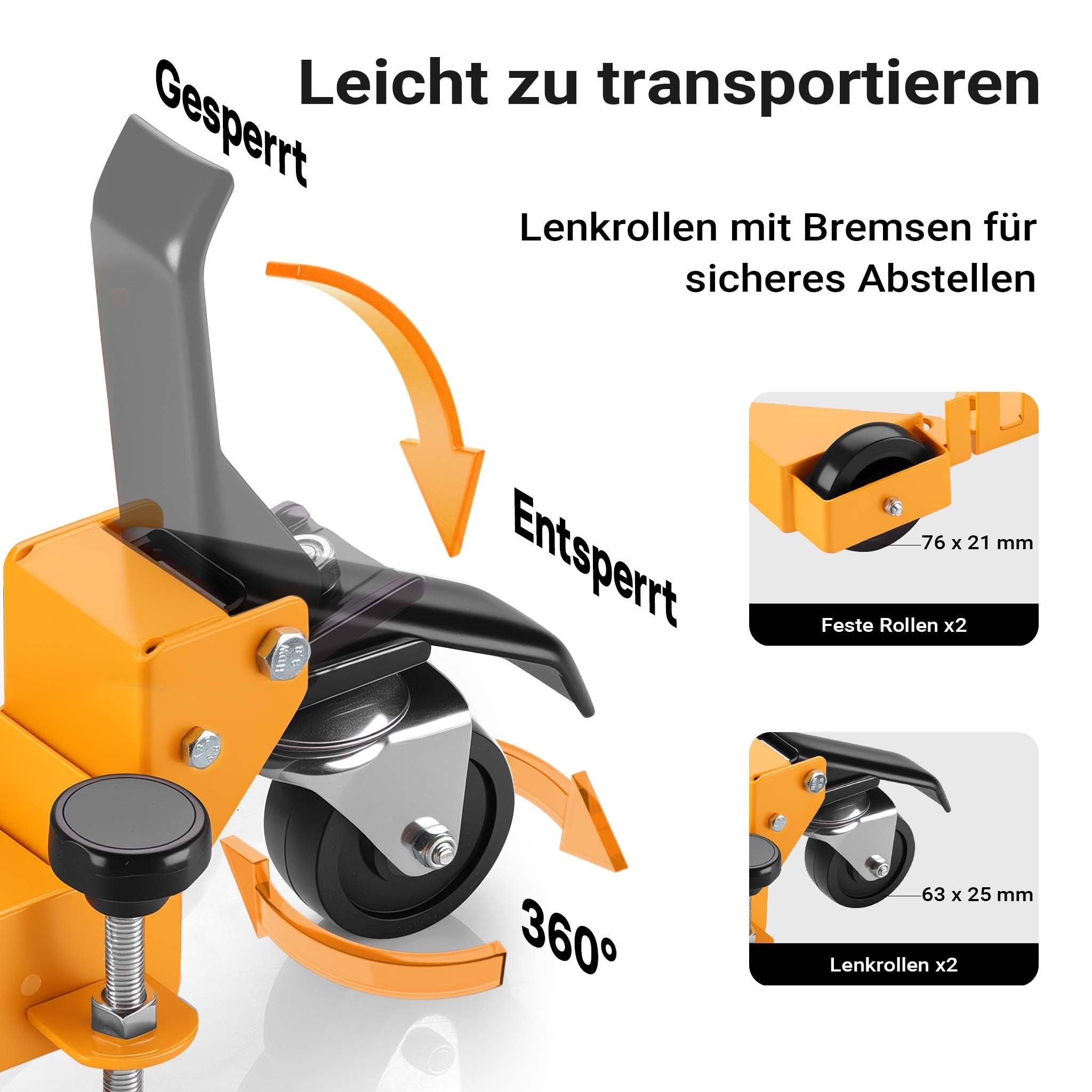 Set di 4x ruote per carrelli, ruote per mobili pesanti, rotelle con portata fino a 180 kg, ruote pivottanti con freno, per carichi pesanti