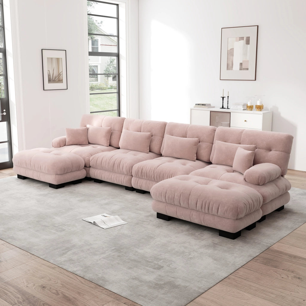 Divano modulare angolare a U con pouf mobile, cuscini e sedute effetto cloud in ciniglia vintage rosa per soggiorno