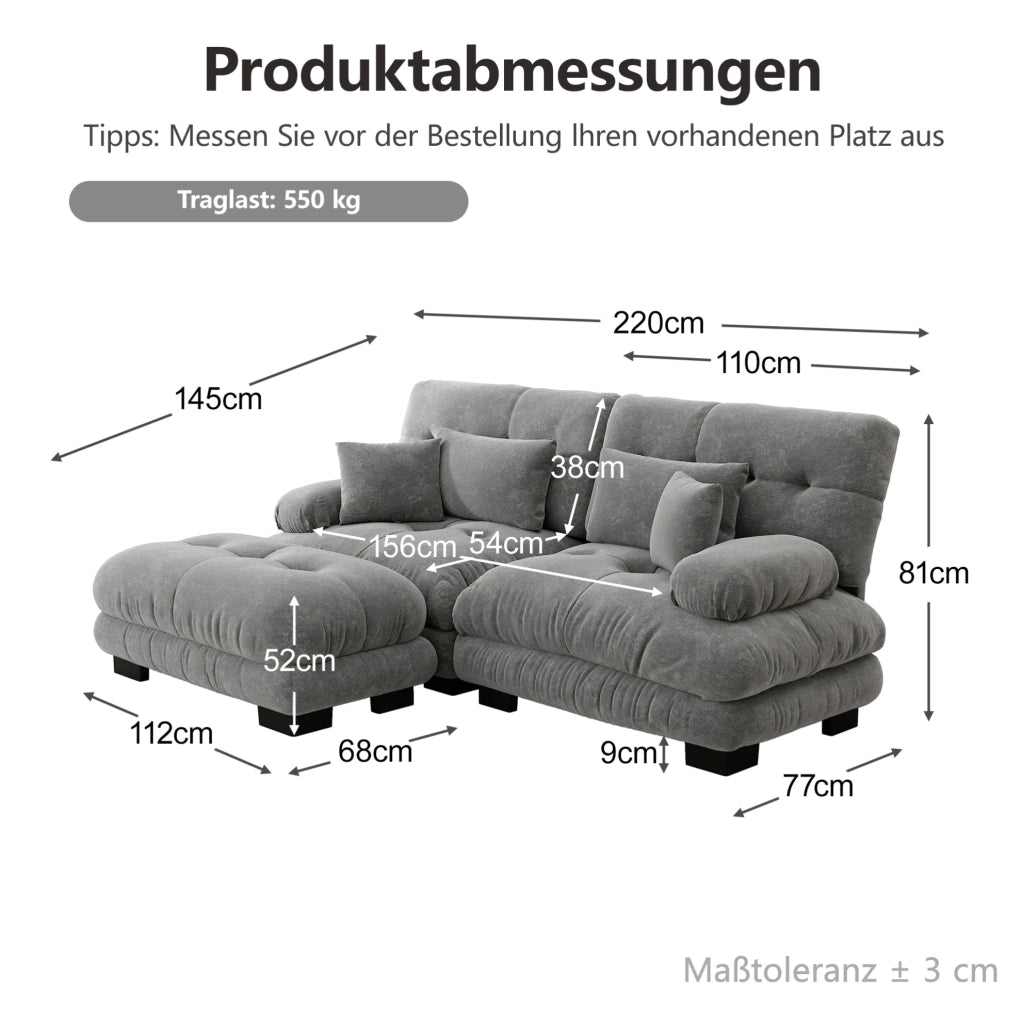 Divano modulare angolare 220x145x81 cm in chenille grigio con ottomane e cuscini