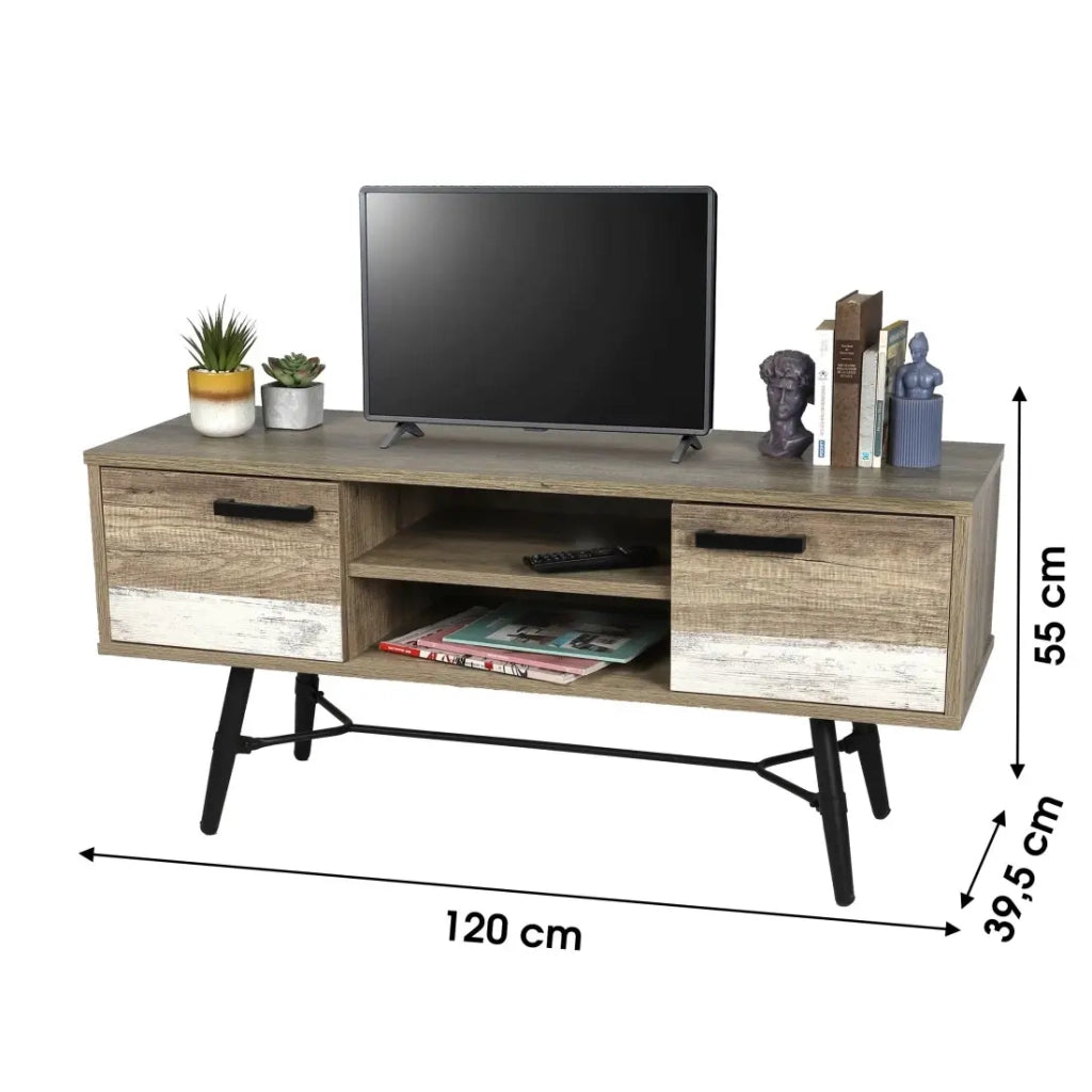 Mobile TV stile scandinavo con 2 porte e 2 scaffali color quercia invecchiata – Collezione UMÉA 120x55x40 cm