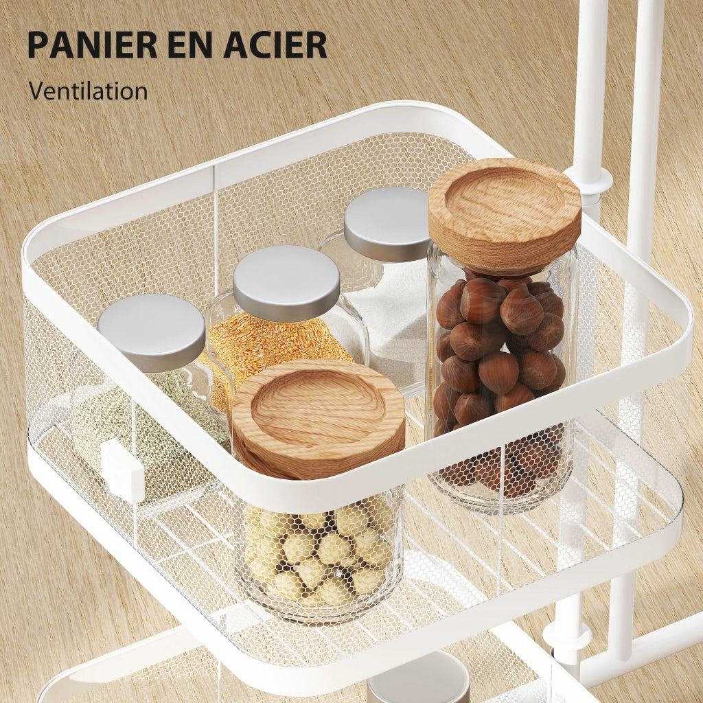 Carrello con 4 cestelli girevoli su ruote ¨C zephmum ¨C bianco, acciaio, 33x33x77cm