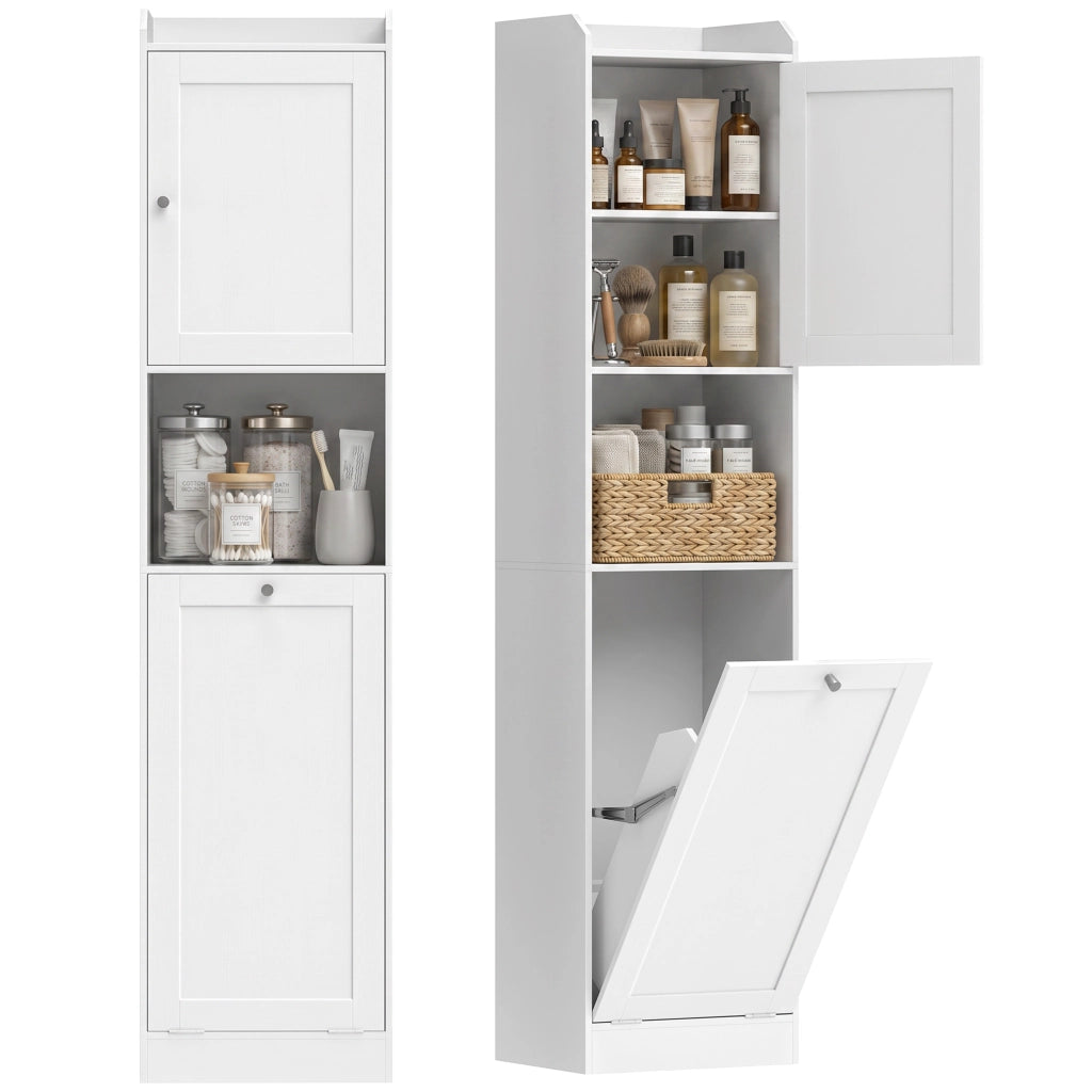 Mobile Bagno Alto con Cesto a Ribalta e Mensole, 40x30x170 cm, Bianco