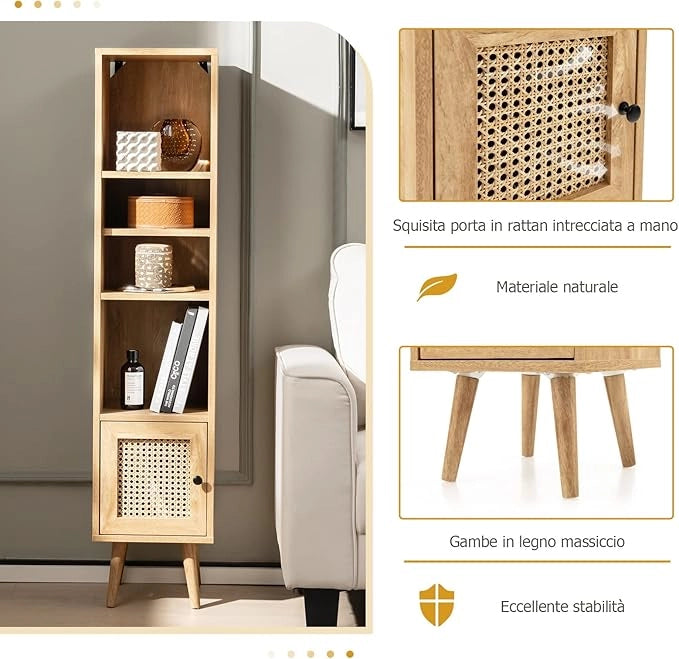 Libreria Scaffale con Anta in Rattan Naturale, Scaffale Legno in Stile Boho con 3 Ripiani Regolabili in 12 Posizioni, per Soggiorno Cucina e Camera da Letto, 29,5 x 29,5 x 137 cm (Naturale)