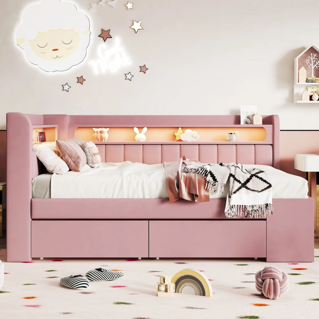 Letto singolo imbottito 90x200 cm rosa con LED e USB