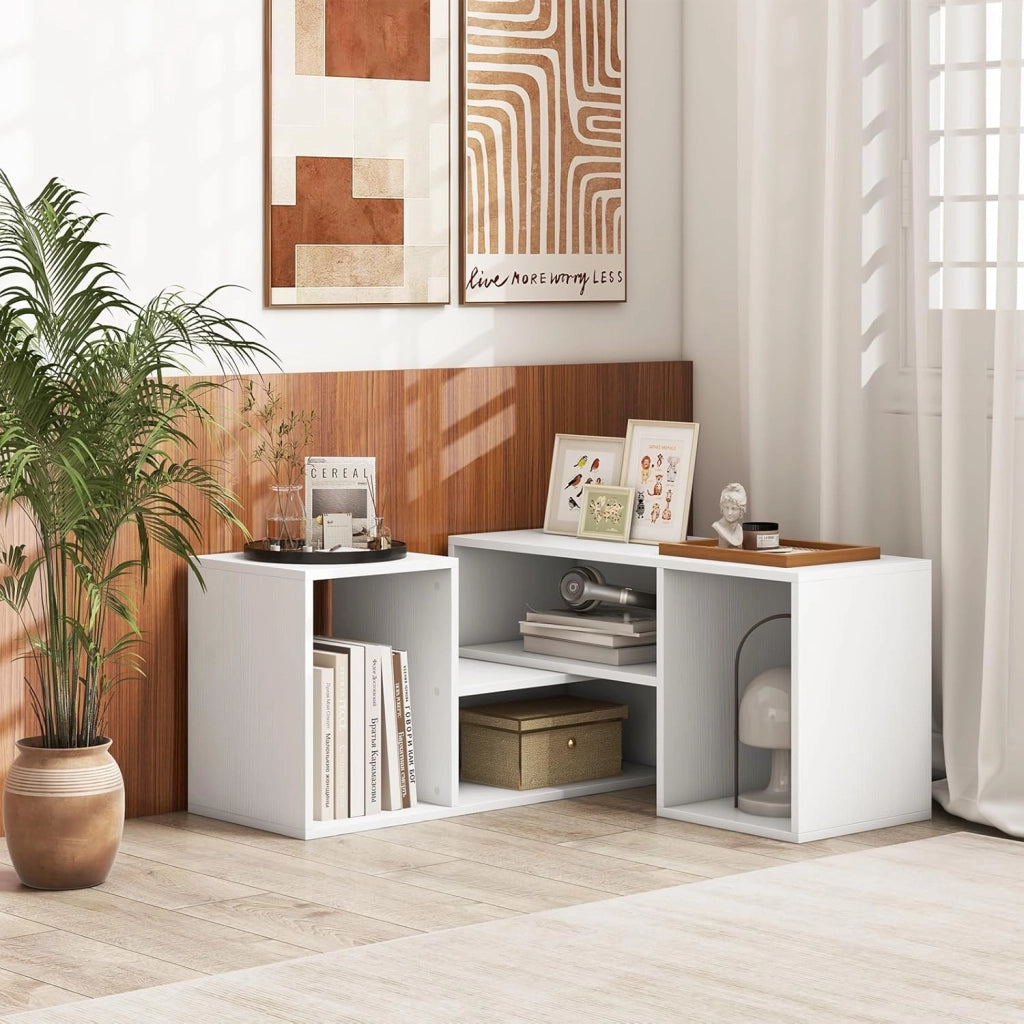 Mobile Porta TV Combinabile a 2 Pezzi, per TV Fino a 60'', Mobile TV a Angolo Soggiorno in Legno, con 4 Vani Aperti, Tavolo Media TV Multifunzionale, per Soggiorno, Camera da Letto (Bianco)