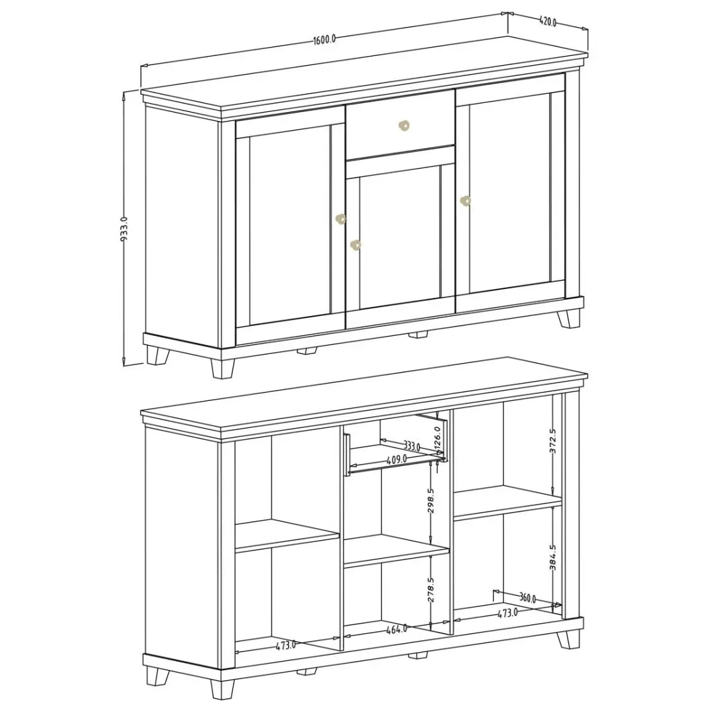 Buffet 160cm con 3 porte e un cassetto collezione ASSIA. Colori verde e rovere.
