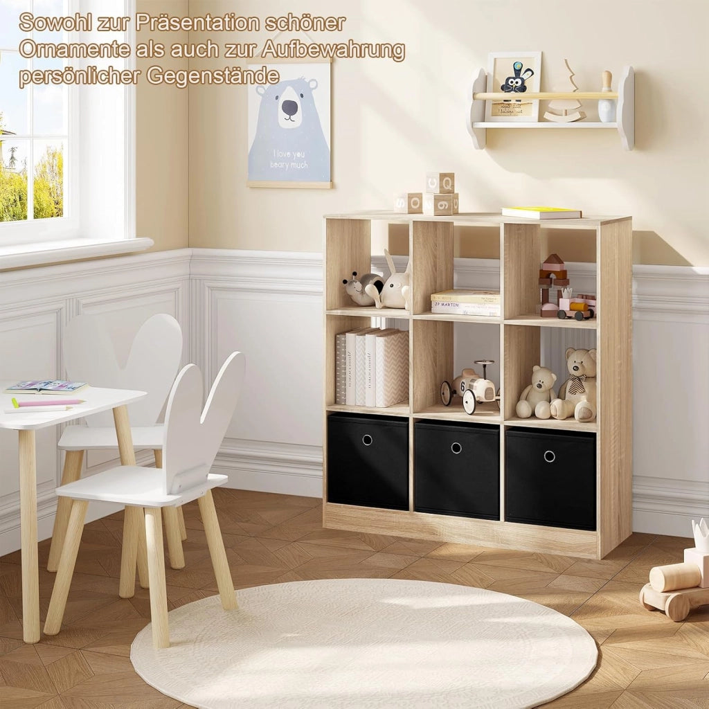 Libreria Scaffale, Libreria a 9 Cubi Portaoggetti, Scaffale in Legno con 3 Cassetti in Tessuto Non Tessuto, per Soggiorno, Camera da Letto, Ufficio, Rovere Chiaro, 80x30x86,5 cm, SK041hei