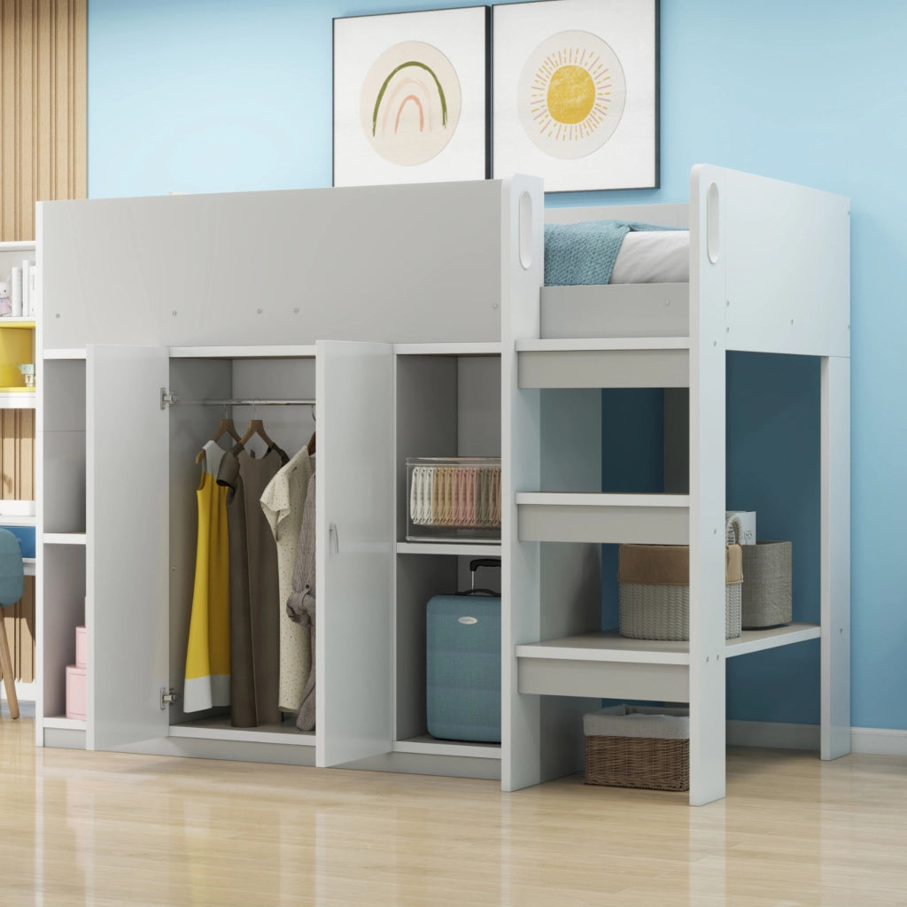 OKWISH Letto A Soppalco 90×200 cm, Letto Singolo con Armadio, Mensole e Scala, senza Materasso, in Legno Massiccio, Grigio
