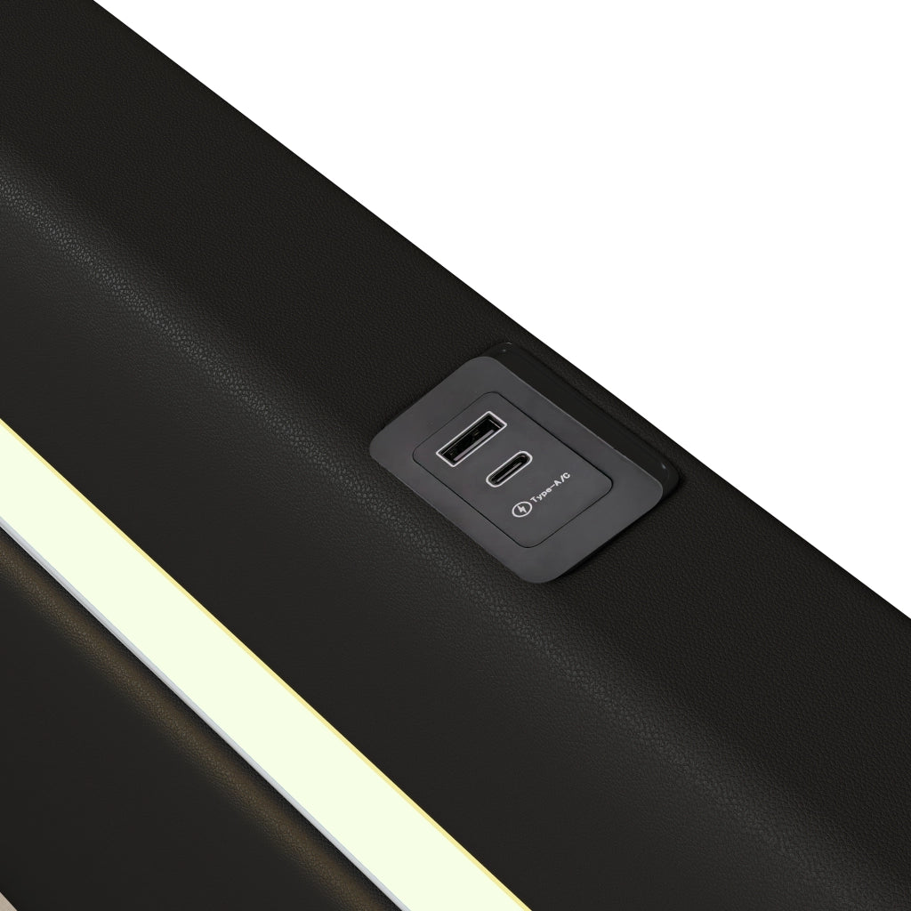 Letto imbottito nero con funzione LED bluetooth e ricarica USB in PU pelle 90x200 cm