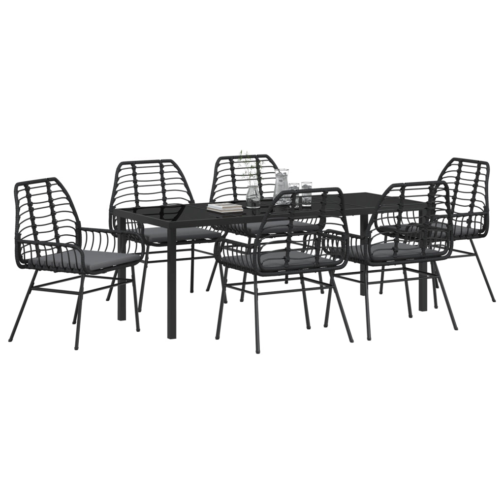 Set da Pranzo da Giardino 7 Pezzi con Cuscini Nero Polyrattan