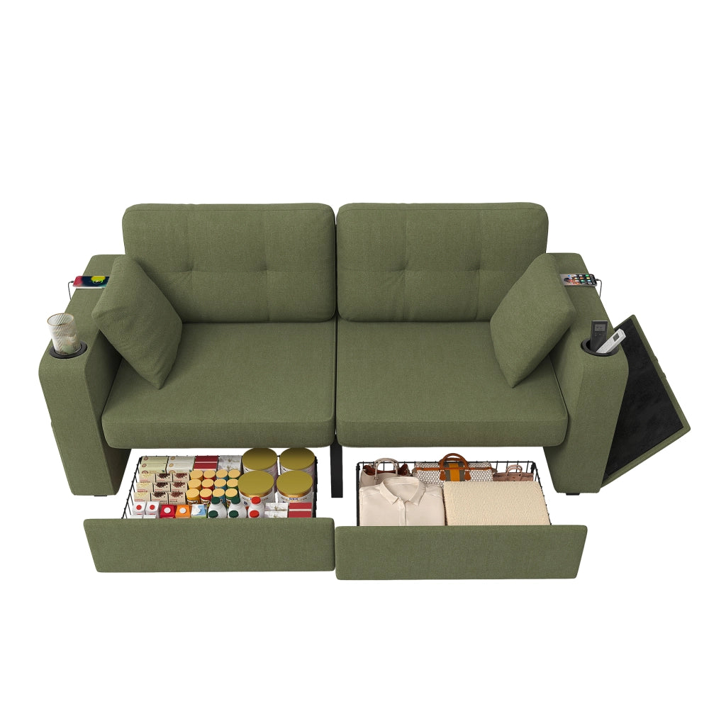 Canapé a due posti con cassetti portaoggetti, porte USB e portabicchieri in chenille oliva 172 × 75 × 82 cm