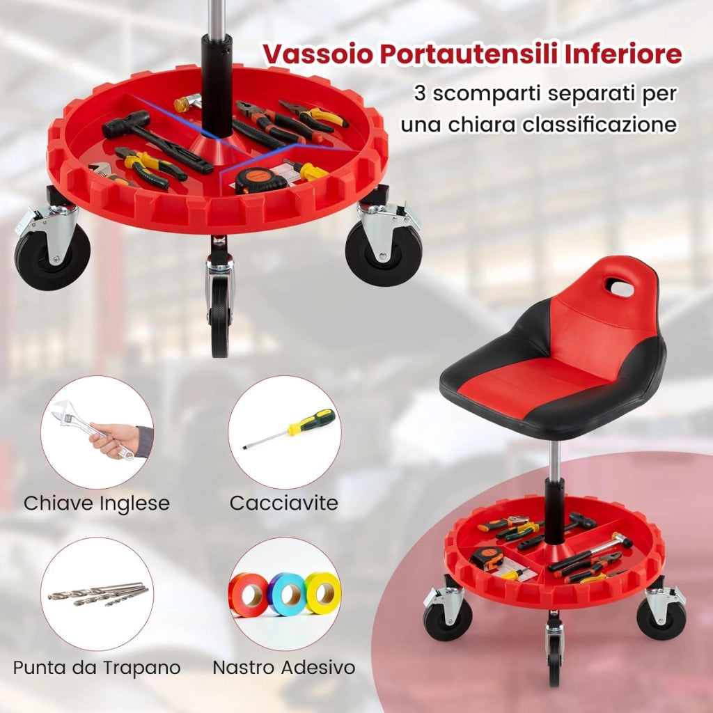 COSTWAY Sgabello da Officina con 5 Ruote, Sedia Meccanico Imbottita con Altezza Regolabile e Vassoio Porta Attrezzi, capacità di 185 kg, per Riparazione Auto, per Garage e Officina