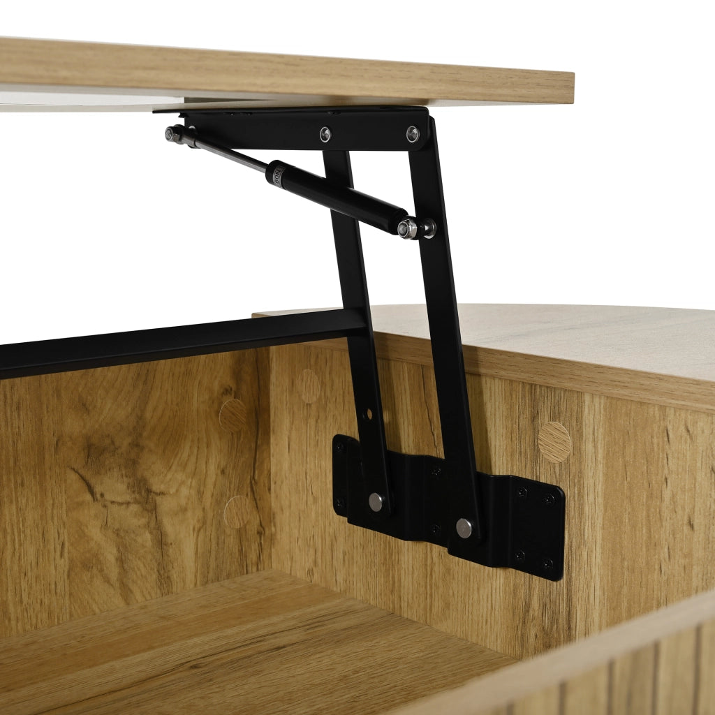 OKWISH Tavolino da Salotto Ovale con Piano Rialzabile, 2 Ante Scorrevoli e Ripiani Aperti, MDF, Rovere, 100×50×40,5 cm