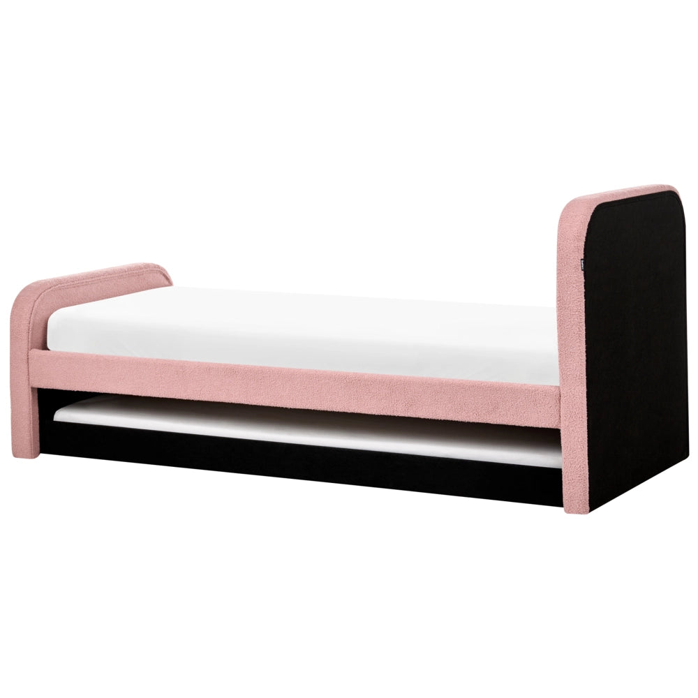 Letto singolo con secondo letto a scomparsa in tessuto Boucle 90 x 200 cm con rete a doghe rivestimento trapuntato rosa camera da letto cameretta