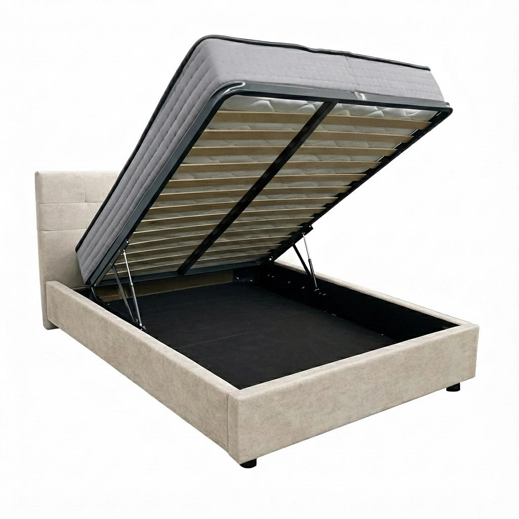 Letto contenitore piazza e mezza 120x190 cm con rete ortopedica a doghe, tessuto Enjoy, made in Italy - 02 Camel