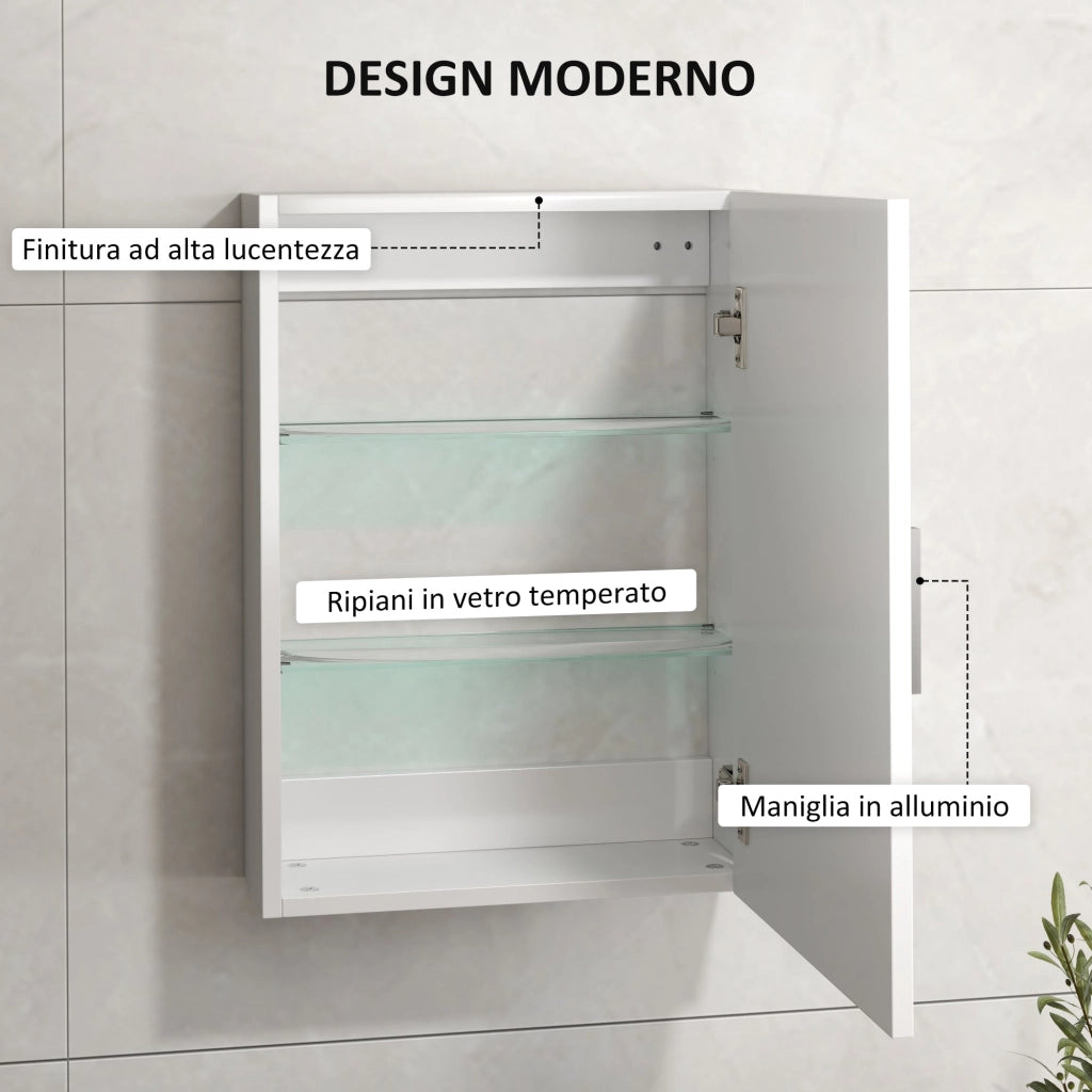 Armadietto Bagno da Parete 40x15x55 cm con 3 Ripiani Regolabili in Vetro in Legno Bianco