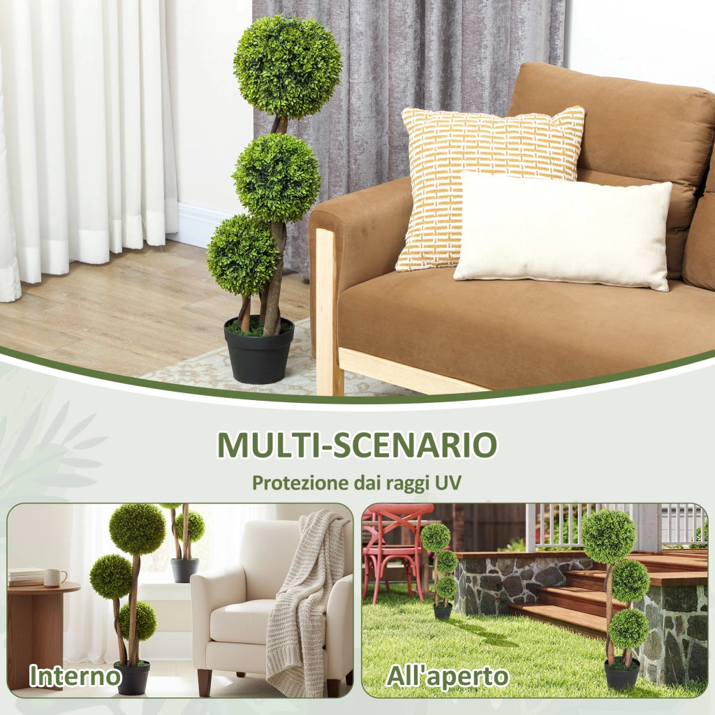 Set 2 Piante di Bosso Artificiale a 3 Sfere, con Vaso e Fondo Rinforzato, Altezza 90 cm, per Interno ed Esterno