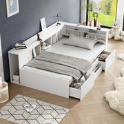 Letto per bambini 90x200 cm bianco con cassetti, libreria laterale e vani contenitore, senza materasso