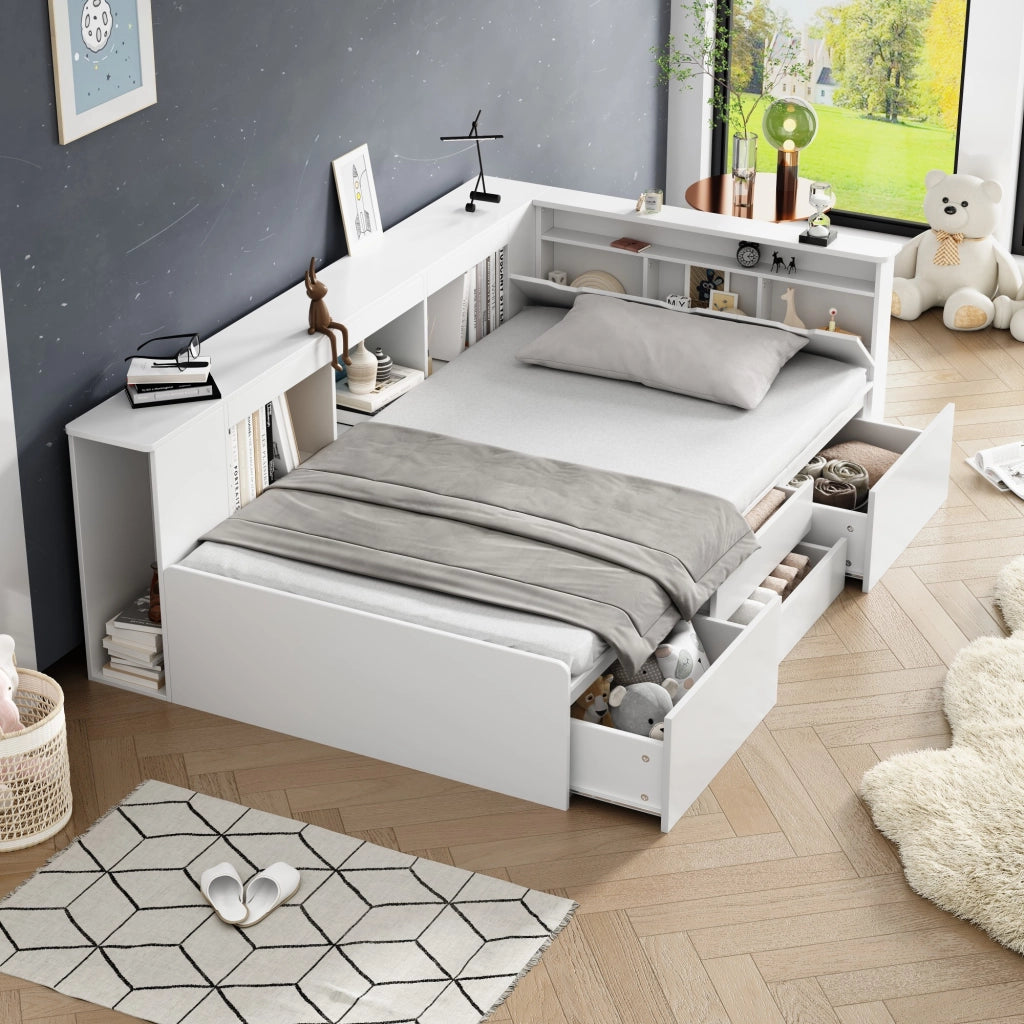 Letto per bambini 90x200 cm bianco con cassetti, libreria laterale e vani contenitore, senza materasso