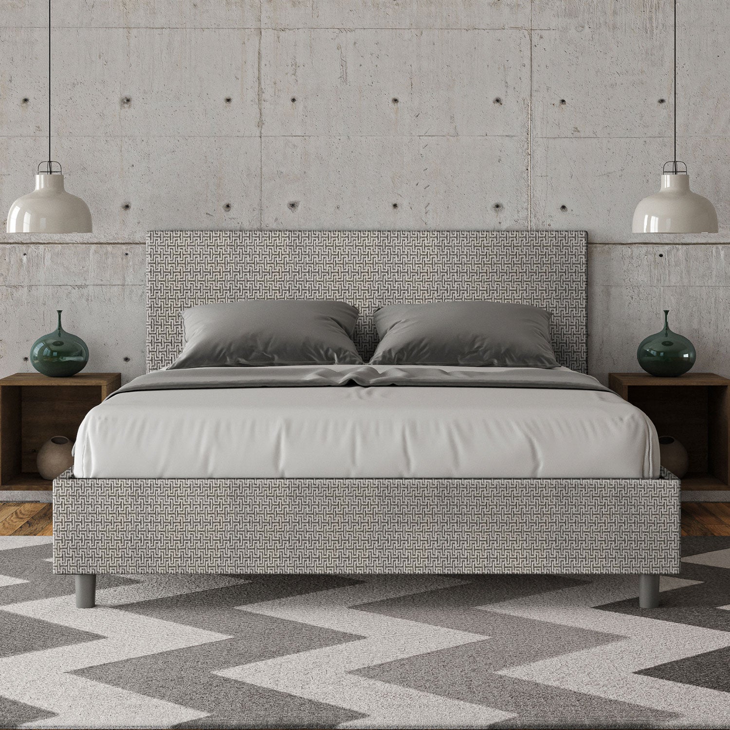 Letto Matrimoniale 160x200 cm con Rete e Contenitore Giroletto con Alzata Comoda Imbottito in Tessuto Labirinto Adele
