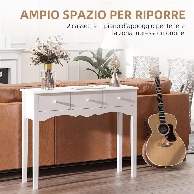 TAVOLO CONSOLLE MODERNO DA INGRESSO IN MDF CON 3 CASSETTI, 100X32X85 CM, BIANCO