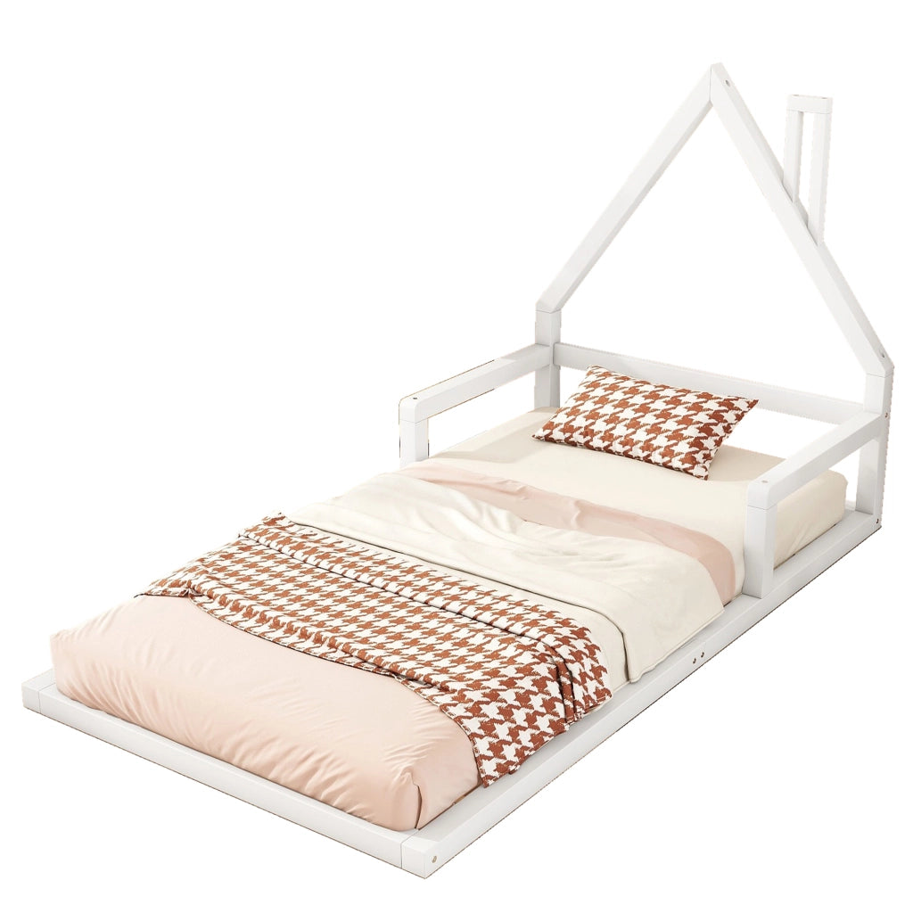 Letto per bambini bianco a forma di casa in legno di pino massello 90x200 cm
