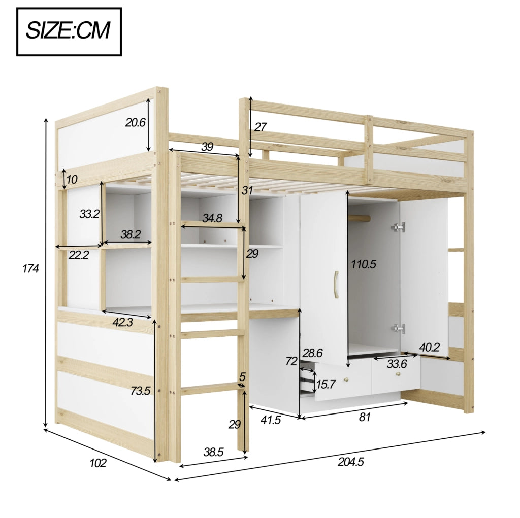 Letto a soppalco 90x200 cm in legno naturale con scrivania; armadio e cassetti