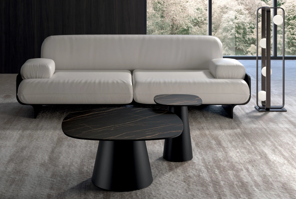 Tavolino rotondo Pillar Big - Struttura Metallo Nero e Top Ceramica su Vetro Marmo Nero Portoro - Stones