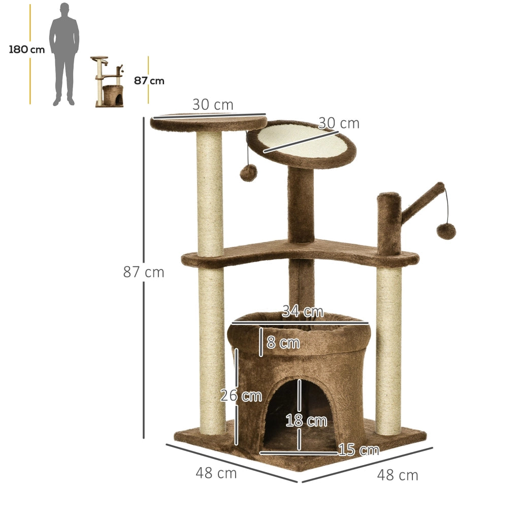 Albero Tiragraffi per Gatti 48x48x87 cm in Corda Sisal Rivestimento in Peluche Caffè
