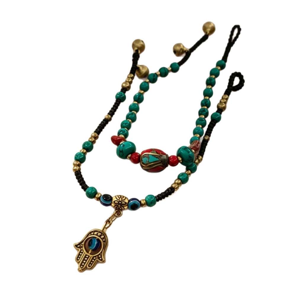 Bracciale vintage in turchese con perline di rame intrecciate a mano