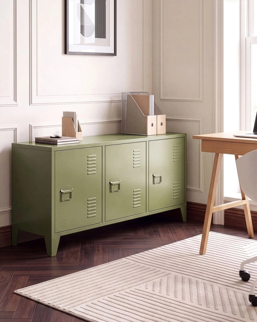 Credenza in acciaio, 3 ante, ripiani regolabili verde stile industriale home office