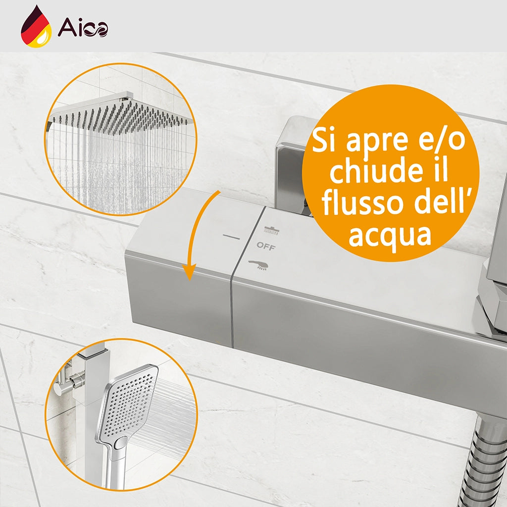 Colonna doccia quadrata completo di miscelatore termostatico rettangolo, soffione quadrato 30x30cm, cromo