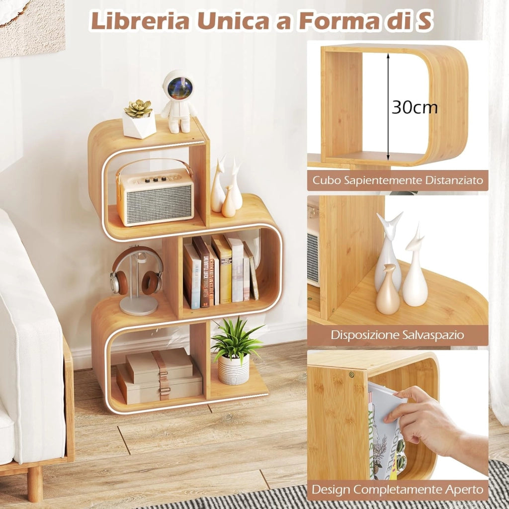 Libreria a 3 Cubi Forma di S, Libreria Bassa Scaffale in Bamboo, Libreria Design Moderna Salvaspazio Piccola da Terra, per Soggiorno, Studio e Ufficio, 61 x 23 x 99 cm, Naturale (3 Livelli)