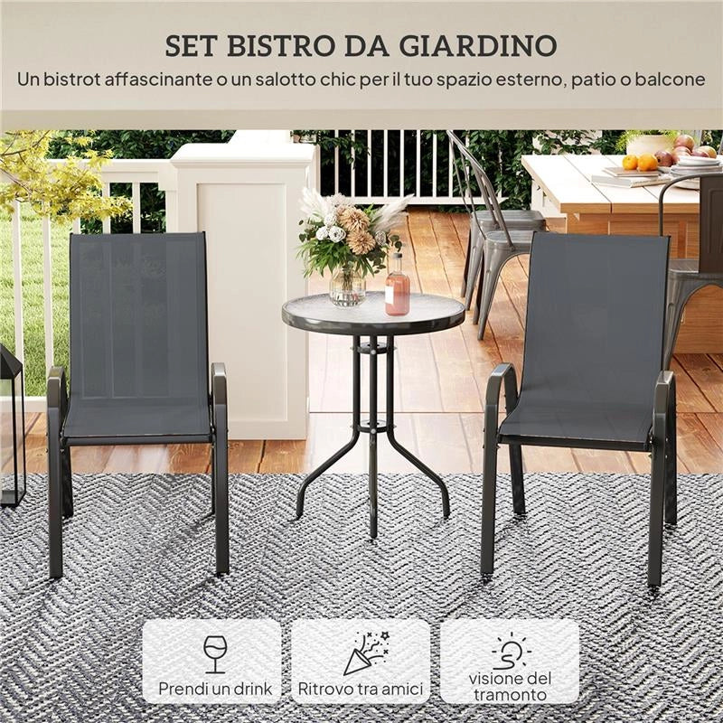 SET DA GIARDINO 3PZ CON 2 SEDIE DA GIARDINO 54X71X93 CM E TAVOLINO ROTONDO 60X71 CM IN ACCIAIO GRIGIO SCURO