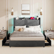 Telaio Letto Matrimoniale 160 x 200 cm con Illuminazione a LED, Presa e Stazione di Ricarica, Telaio Imbottito con Rete a Doghe, 4 Cassetti Pieghevoli e 2 Tasche, Grigio