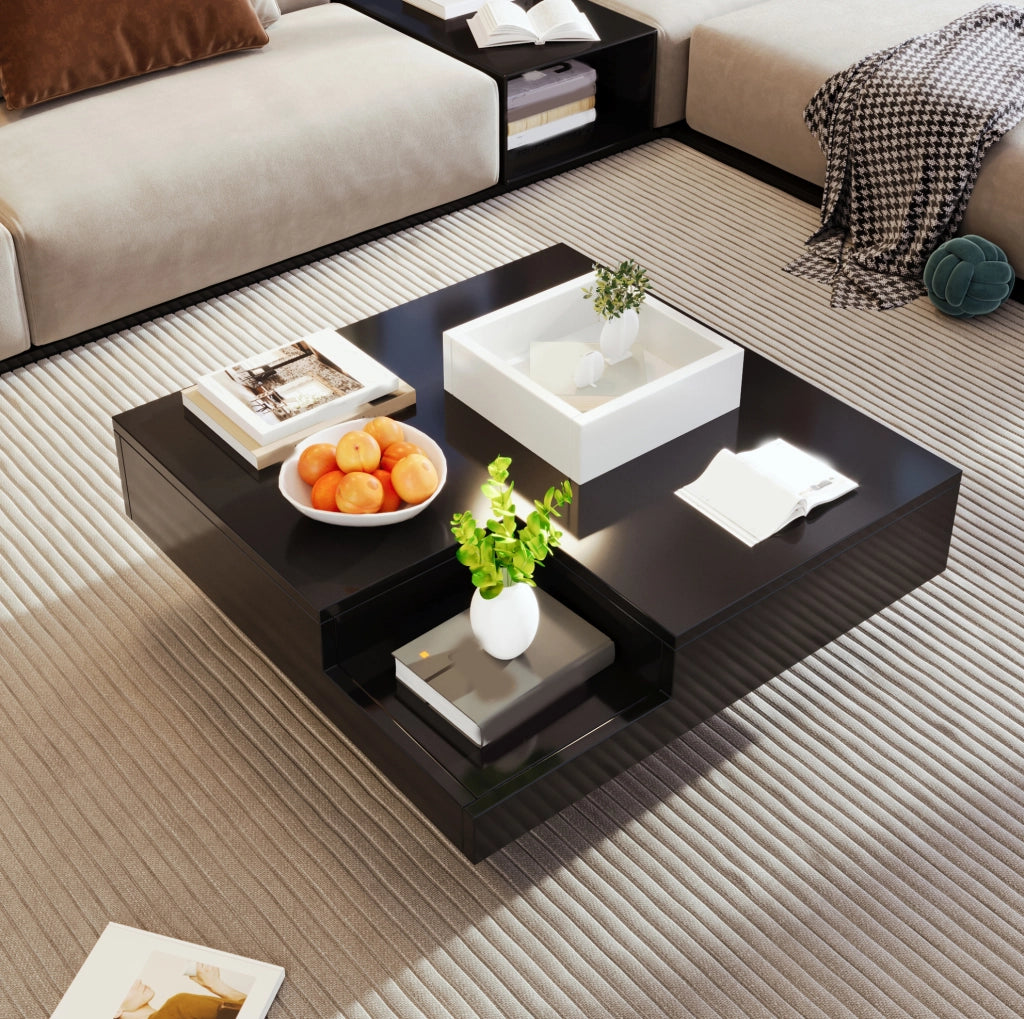 Tavolino da caffè 72x72x30 cm bianco e nero con box rimovibile e LED