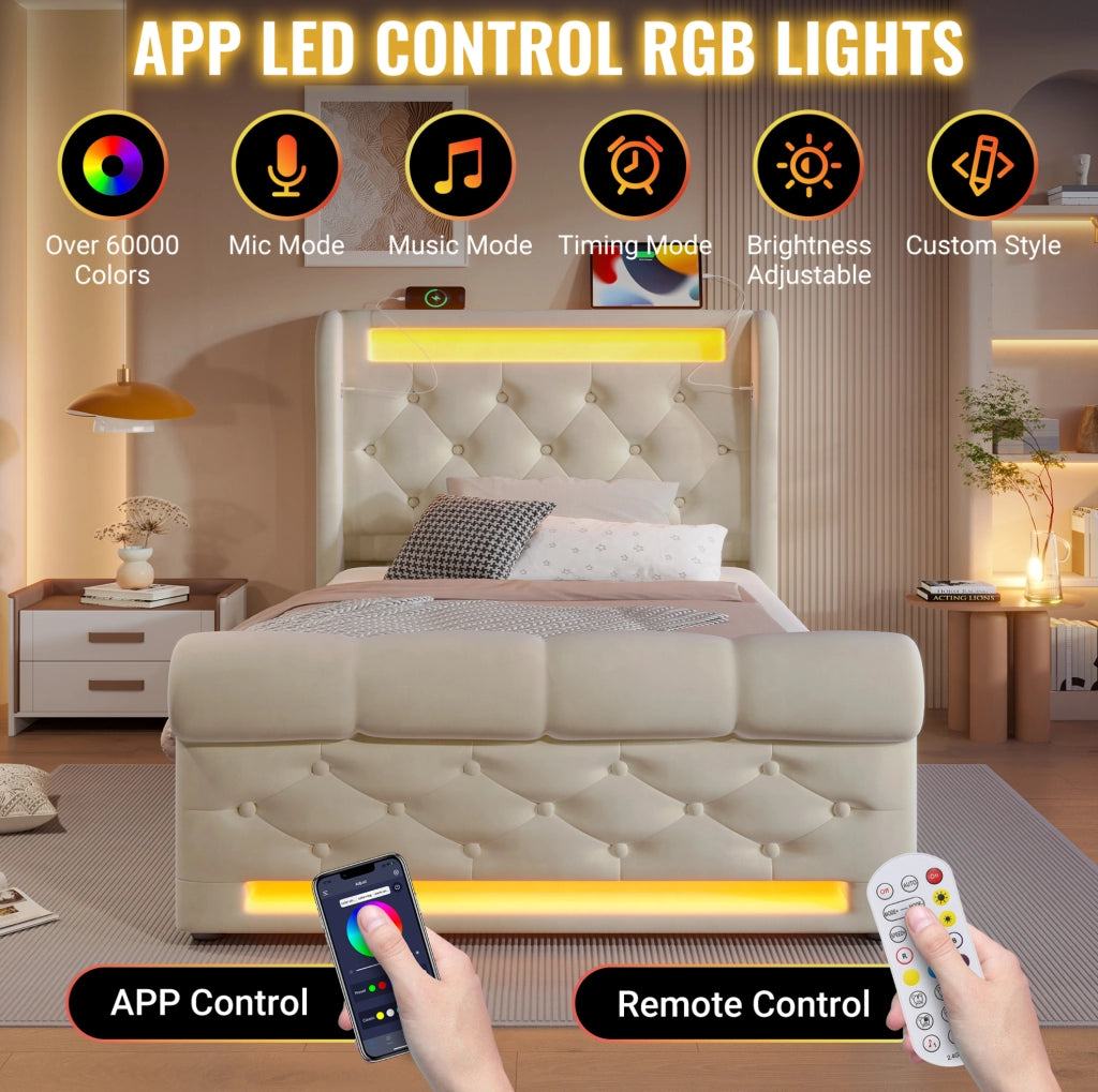 Letto singolo contenitore 90x200 cm in velluto beige con LED e USB-C