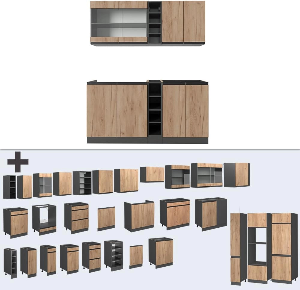 Cucina completa R-Line, Quercia dorata/antracite, 160 cm Forma a J, con piano di lavoro e lavello, premontato pronto per il collegamento