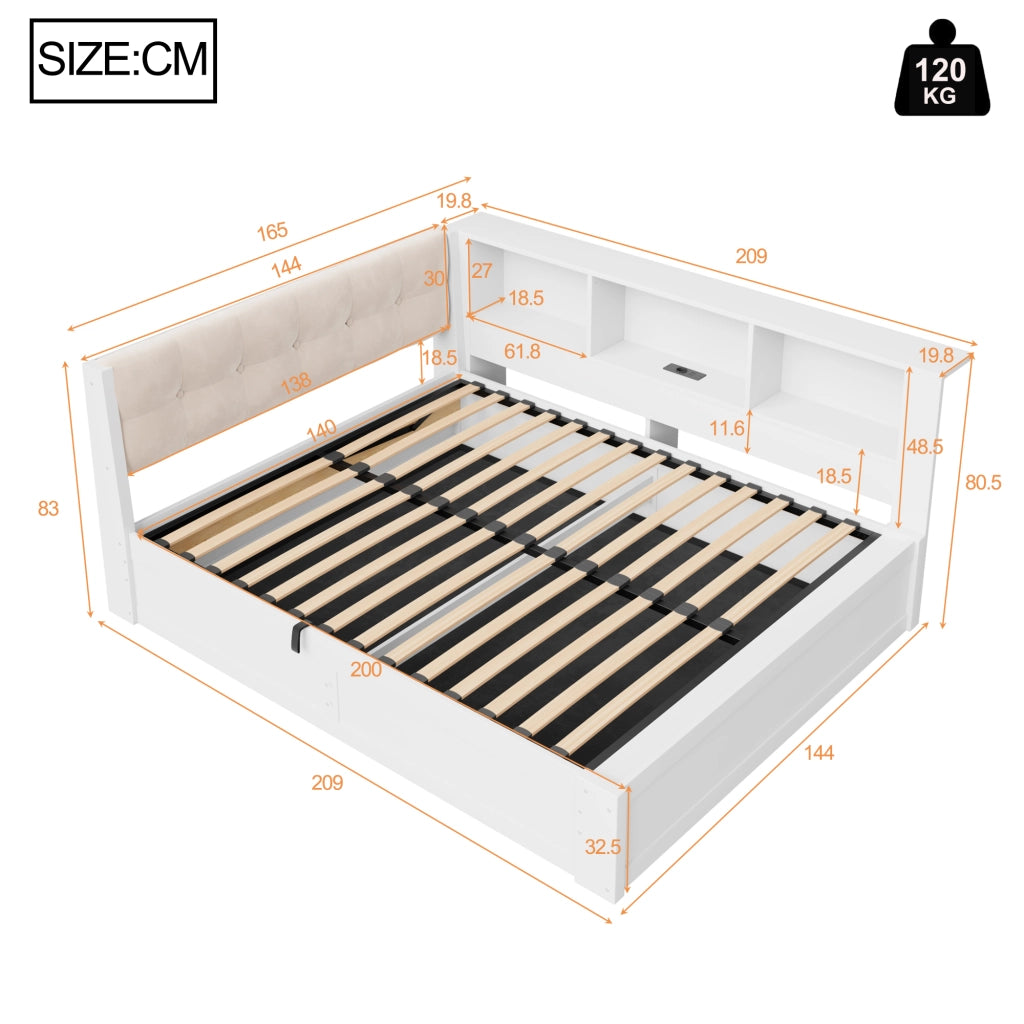 Letto Contenitore Letto Singolo 140x200 cm; con USB; LED e Scaffale laterale in Bianco