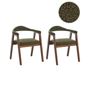 Set di 2 sedie da pranzo con seduta e schienale imbottiti verdi, rivestimento in bouclé, poliestere, struttura in legno di gomma color marrone, stile retrò, per sala da pranzo.