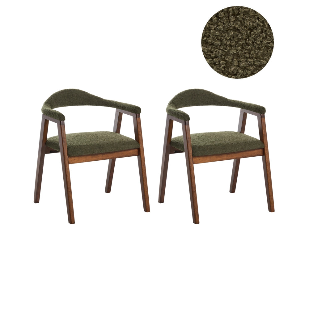 Set di 2 sedie da pranzo con seduta e schienale imbottiti verdi, rivestimento in bouclé, poliestere, struttura in legno di gomma color marrone, stile retrò, per sala da pranzo.