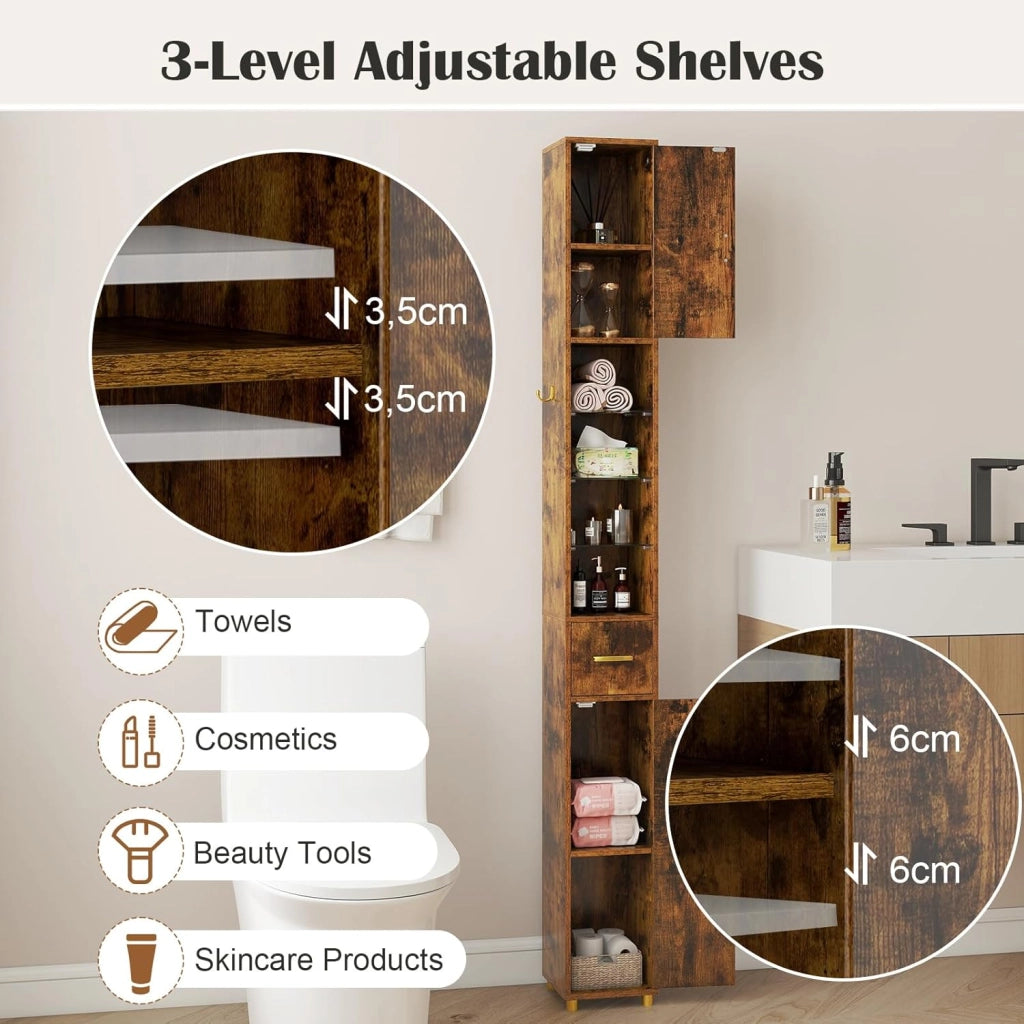 Armadietto da bagno con illuminazione, 20 x 20 x 181 cm, armadio da bagno sottile con cassetto, 2 ante e 4 ripiani aperti, armadio alto per bagno e soggiorno (2,4 ripiani + illuminazione)