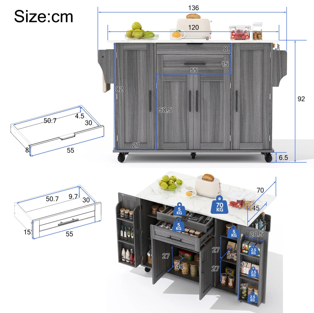 Isola cucina mobile 136x70x92 cm con piano estraibile in MDF grigio
